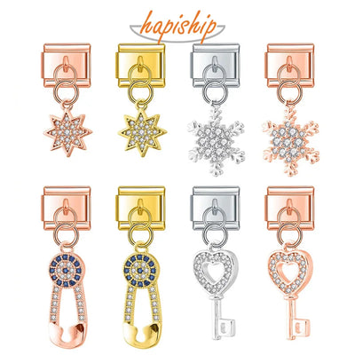 Hapiship Fashion Key Paper Clip Star Snowflake Shiny CZ Charm Links Fit 9mm Stainless Steel Bracelet DIY Making Jewelry DJ441