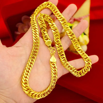 Luxury 9999 24K Real Gold Men's Flat Chain Boss Necklace Simple Generous and Domineering Necklaces for Men