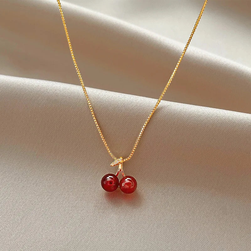 Vintage Stainless Steel Cherry Necklace Natural Stone Beads Pendant Chain Necklace Women&