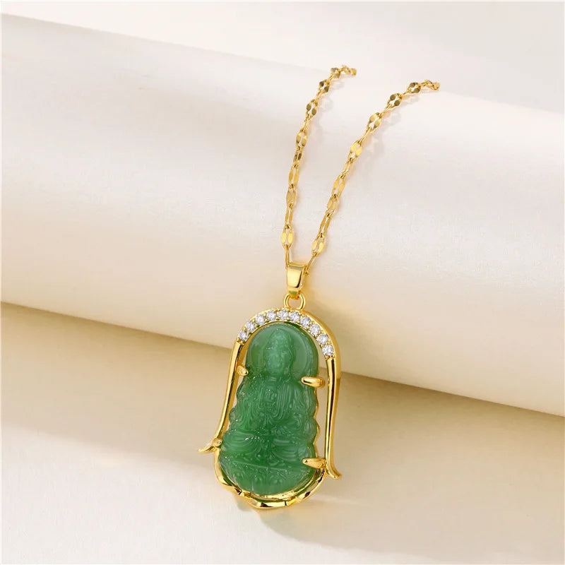 New In Fashion Green Zircon Crystal Pendant Stainless Steel Necklaces For Women Trendy Retro Style Female Clavicle Chain Jewelry