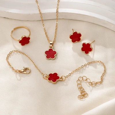 Fashionable Four-piece Set Jewelry for Woman Lucky Five-petal Flower Clover Earrings Necklace Ring Bracelet Accessories Party