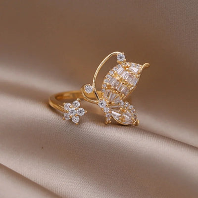 Korea's new fashion jewelry 14K gold plated simple double love crystal ring elegant women's daily opening ring accessories