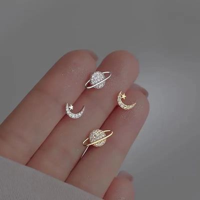 Simple Piercing Stud Earrings for Women Star Moon Zircon 925 Silver Needles Tragus Cartilage Asymmetry Pendiente Fine Jewelry