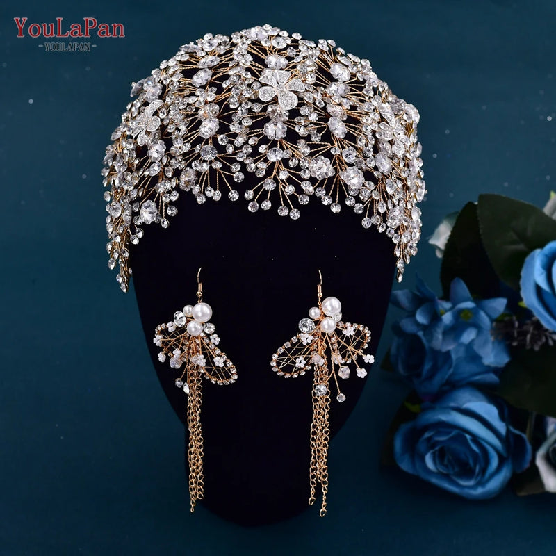 TOPQUEEN Bride Rhinestone Headband Earring Set Luxury Crystal Wedding Headband Wholesale Headpieces Hair Accessories HP240