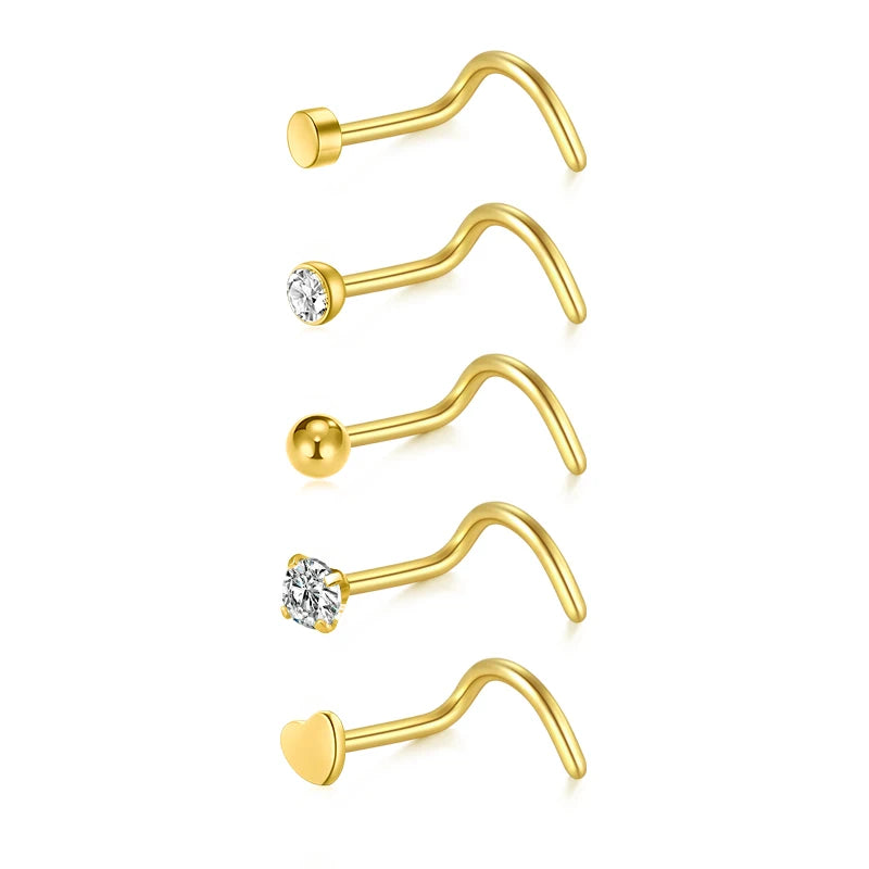 5/6/21Pcs 20G Nose Studs Stainless Steel Nostril Studs Screws Nose Ring Hoop Body Piercing Silver Gold Color Heart Nose Studs