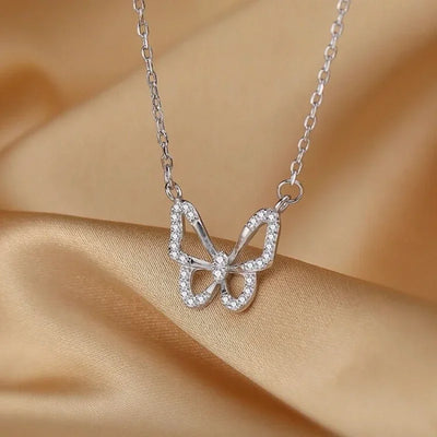 Silver Color Shiny Butterfly Necklace Female Exquisite Double Layer Pendant Clavicle Chain Necklace Wedding Party Jewelry Gifts