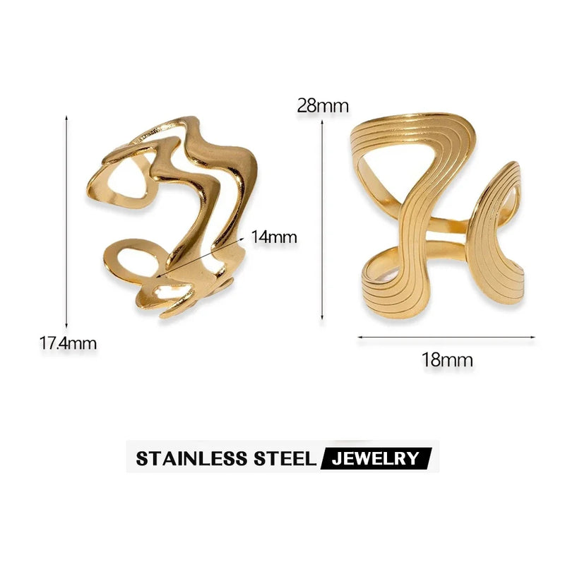 Stainless Steel Irregular Wave Rings for Women Men Creative Gold Color Adjustable Opening Ring Female Statement Jewelry Gifts