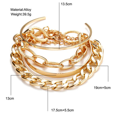 Bohemian Metal Chain Bracelet Set For Women Geometric Gold Color Thick Link Chain Open Bangle Female Fashion Jewelry