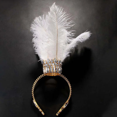 Stonefans White Feather Crown Tiara Drag Queen Performance Accessories Oversize Baroque Rhinestone Headpiece Jewelry Cosplay