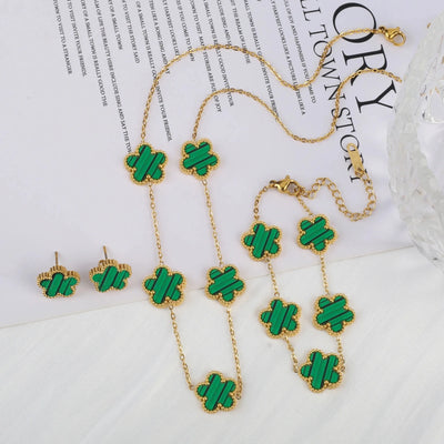 Hot jewelry sales stainless steel five-leaf flower necklace bracelet earrings set high sense women's shamrock jewelry party