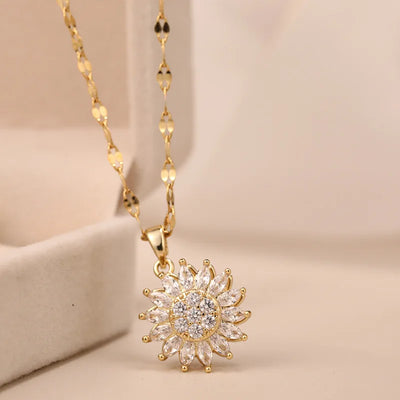 Double-layer Rotatable Sunflower Necklaces For Women Chain Choker Stainless Steel Jewelry Accessories