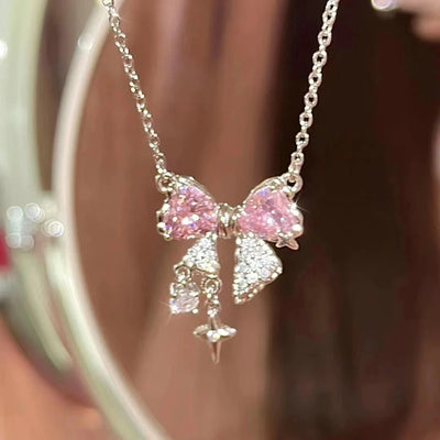 New Y2K Girls Pink Zircon Bow Knot Pendant Necklace Sweet Heart Design Simple Necklace Women Fashion Clavicle Chain Jewelry Gift