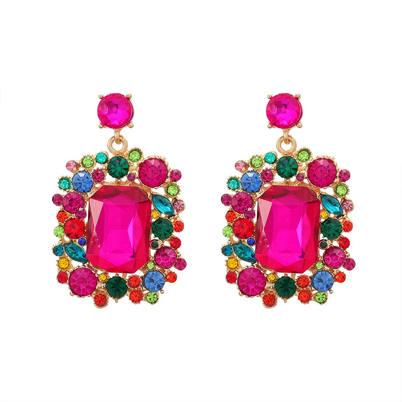 Large Heavy Colorful Glass Stones Earrings For Women Big Statement Dangle Post Fashion Jewelry Trendy Square New Styles MQ106