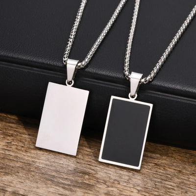 Casual Black Enamel Necklaces for Men,Waterproof Stainless Steel Square Pendant Necklace,Simple Fashion Male Collar Jewelry Gift