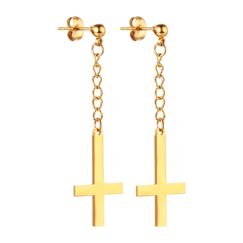 BONISKISS Men Women Stainless Steel Inverted Upside Down Cross Earring Church of Satan Temple Occult Satanic Witchy Stud Jewelry