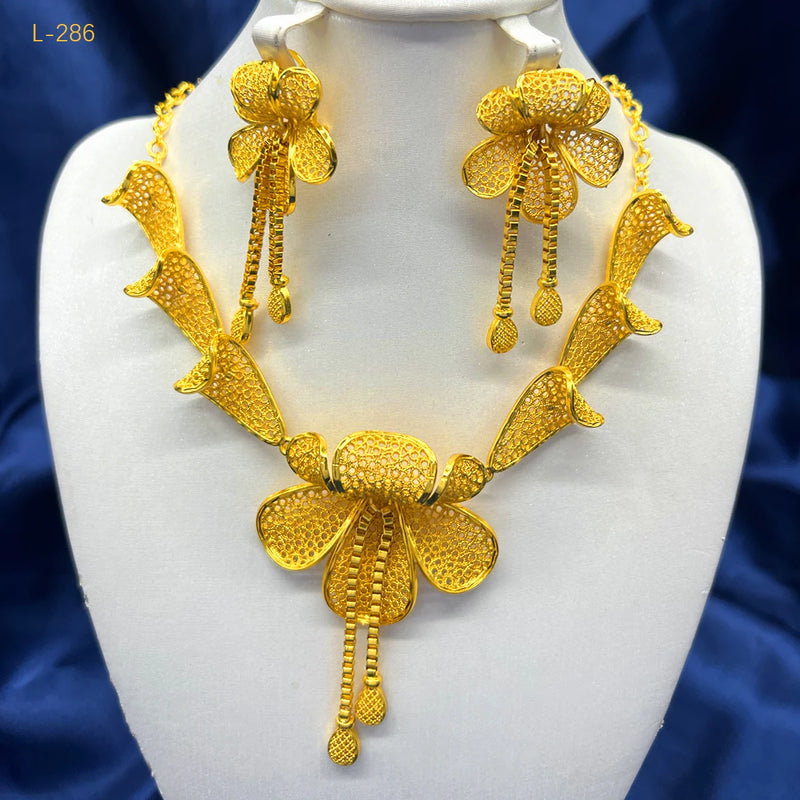 Dubai Indian African Flower Necklace Earrings Jewelry Set For Women 24K Gold Plated Nigeria Bridal Wedding Party Gift Jewellery