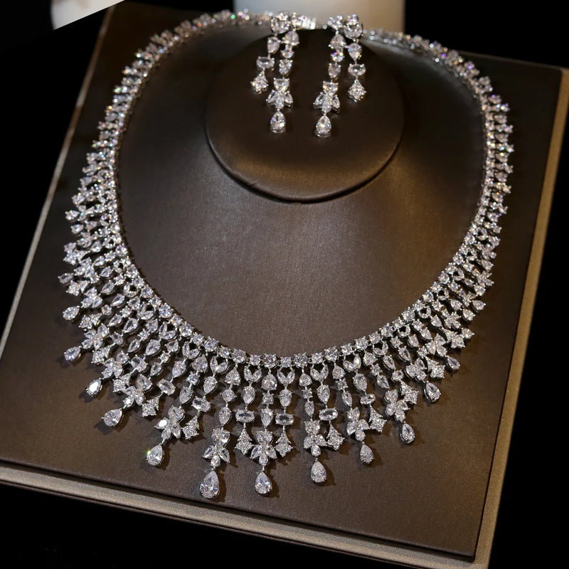 Magnificent White Color CZ Zircon Tassel Flowers Drop Necklace Earrings Sets for Women Bridal Evening Wedding Dinner Jewelry