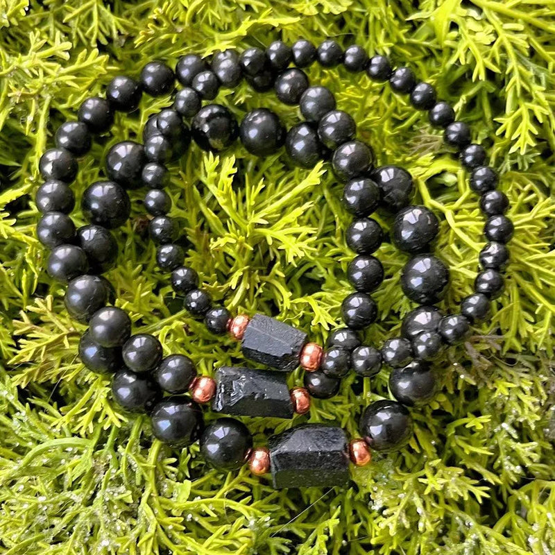 Ruberthen 4/6/8 MM Natural Shungite with Raw Black Tourmaline Gemstone Beaded Bracelet Negative Energy Chakra Wrist Mala Jewelry