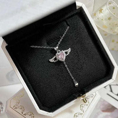 Crystal Silver Color Cupid Heart Necklaces Women Angel Wings Love Pendant Choker Clavicle Chain Luxury Niche Design Jewelry