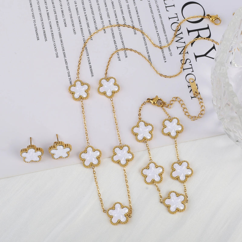 Gold Plated Lucky Stainless Steel Five Leaf Flower 3PCS Jewelry Set Bracelet Necklace Earrings for Women Party Jewelry Clover