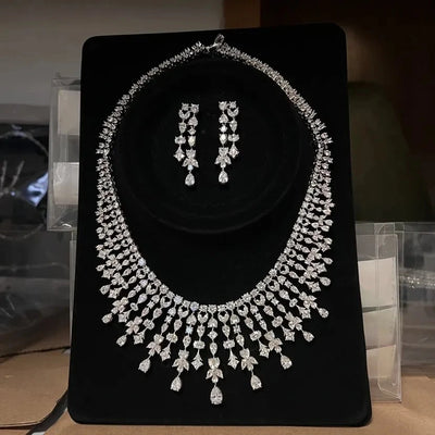 Magnificent White Color CZ Zircon Tassel Flowers Drop Necklace Earrings Sets for Women Bridal Evening Wedding Dinner Jewelry