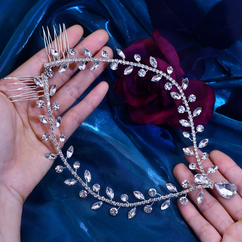 Rhinestone Wedding Forehead Headband Women Headdress Water Drop Bridal Head Tiara Bride Head Piece with Combs HP465