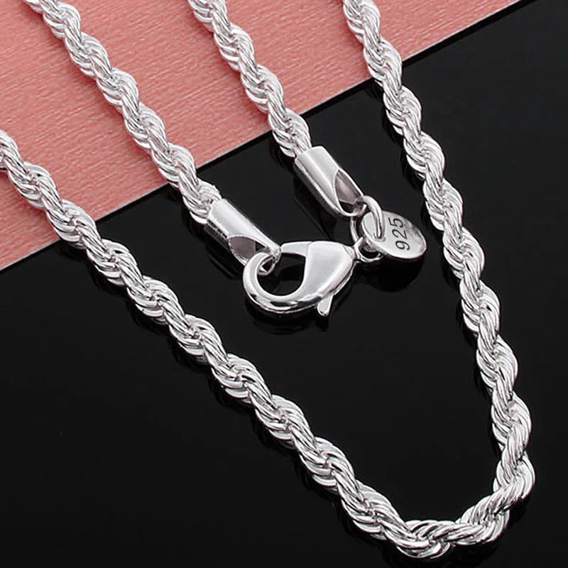 Hot Charms Fine 4MM Rope Chain 925 Sterling Silver Necklaces for Woman Men Classic Fashion Jewelry Wedding Party Holiday Gifts