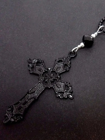 Black cross necklace, Gothic jewelry, Black bead chain, Death carving, Alternative accessories, Women Man, Pagan, Witch, beaded