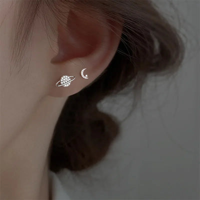 Simple Piercing Stud Earrings for Women Star Moon Zircon 925 Silver Needles Tragus Cartilage Asymmetry Pendiente Fine Jewelry