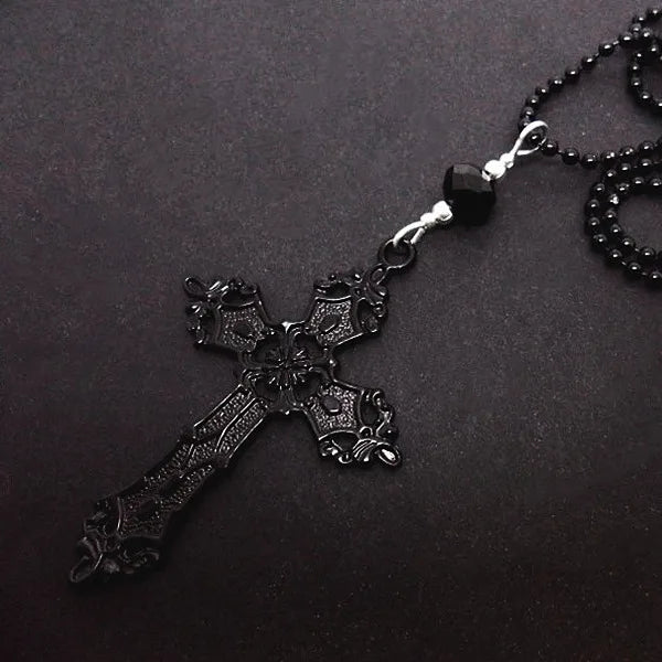 Black cross necklace, Gothic jewelry, Black bead chain, Death carving, Alternative accessories, Women Man, Pagan, Witch, beaded