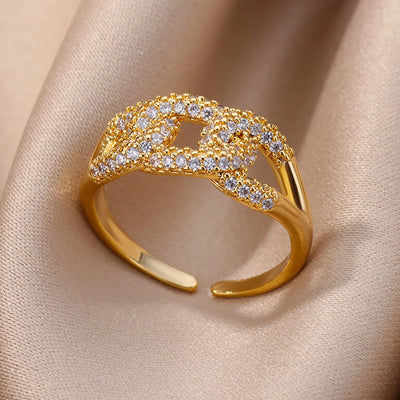 Fashion Gold Color Stainless Steel Rings For Women Chain Hollow Out Crystal Zircon Finger Ring Jewelry 2023 Gift anillos mujer