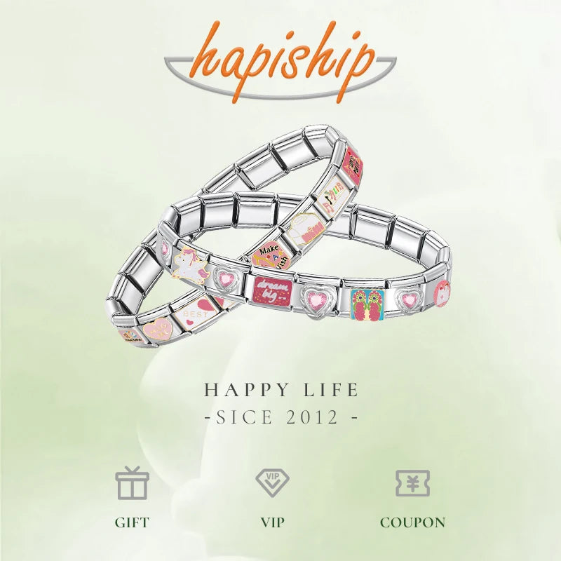 Hapiship 2024 New Fashion Colour Glaze Dog Butterfly Heart Charm Italian Link Fit DIY 9mm Stainless Steel Bracelet Jewelry DJ546