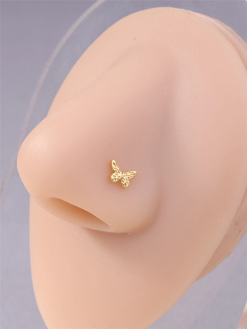 20G L Shaped Nose Studs Simple Mini Butterfly Design Gold Silver Color Nose Piercing for Women Girl Nostril Jewelry