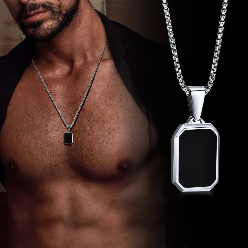 Casual Black Enamel Necklaces for Men,Waterproof Stainless Steel Square Pendant Necklace,Simple Fashion Male Collar Jewelry Gift