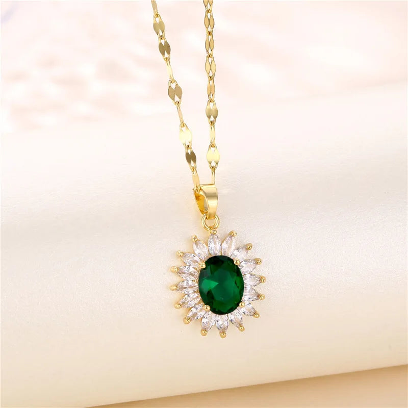 New In Fashion Green Zircon Crystal Pendant Stainless Steel Necklaces For Women Trendy Retro Style Female Clavicle Chain Jewelry