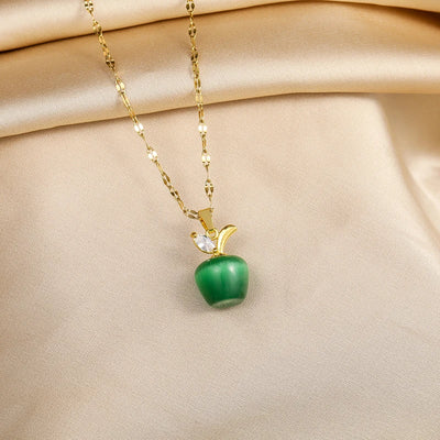 New In Fashion Green Zircon Crystal Pendant Stainless Steel Necklaces For Women Trendy Retro Style Female Clavicle Chain Jewelry