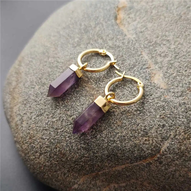 FUWO Wholesale Natural Amethysts Point Earrings,Golden Plated Handmade Bullet Shape Purple Crystal Jewelry 5Pairs/Lot ER117