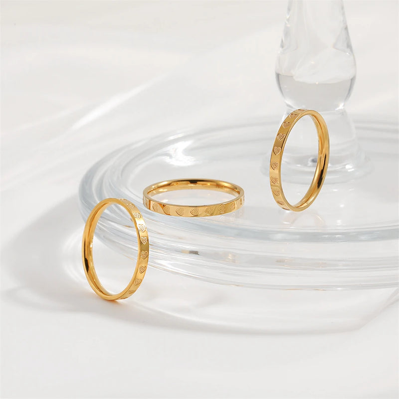 Golden Stainless Steel 2mm Heart Rings Women Size 5/6/7/8/9/10