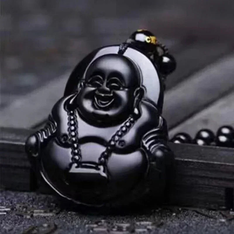 Retro Natural Obsidian Maitreya Buddha Pendant Beaded Necklace for Men and Women Buddhist Buddha Statue Amulet Jewelry