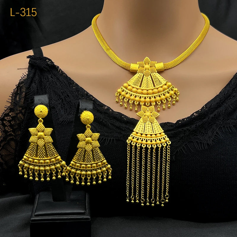 Dubai Indian African Tassel Necklace Earrings Jewelry Set For Women 24K Gold Plated Nigeria Bridal Wedding Party Gift Jewellery