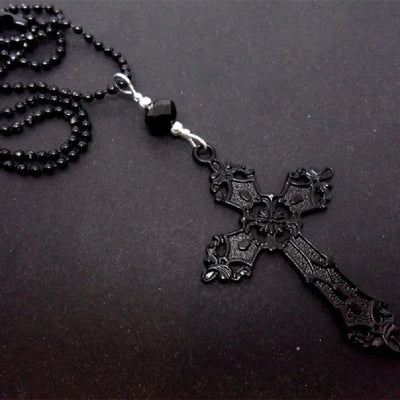 Black cross necklace, Gothic jewelry, Black bead chain, Death carving, Alternative accessories, Women Man, Pagan, Witch, beaded