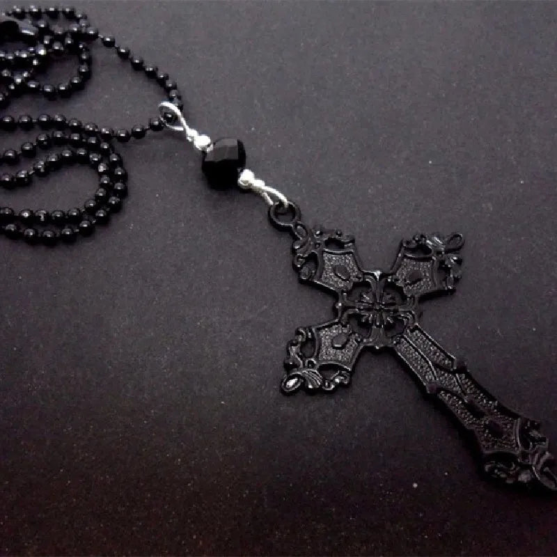 Black cross necklace, Gothic jewelry, Black bead chain, Death carving, Alternative accessories, Women Man, Pagan, Witch, beaded