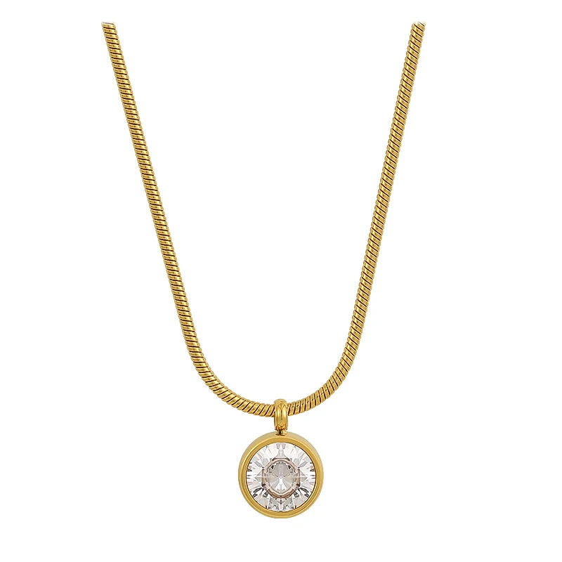 2023 New Simple Design Shiny Zircon Pendant Stainless Steel Gold Colour Necklace Girls&