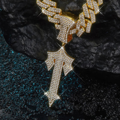 Men's Women Hip Hop Letter Iced Out Cross Sword Necklaces 13mm Width Rhombus Cuban Chains HipHop Pendant Necklace Charm Jewelry