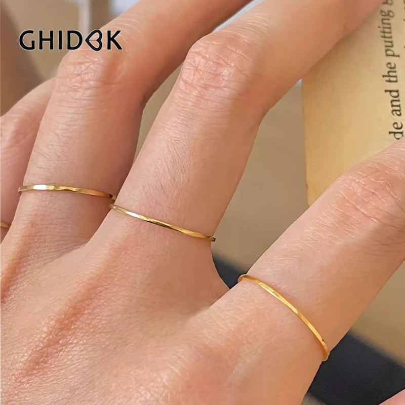 GHIDBK 0.5mm Extremely Thin Stainless Steel Anti-Tarnish Rings for Women Fashion Simple 18K Pvd Gold Plated Ring Office Style