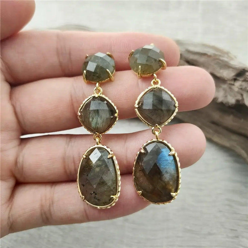 FUWO Wholesale Three Tier Natural Quartz Earrings,Unique Long Dangle Swing Crystal Earring Jewelry For Women 5Pairs/Lot ER475