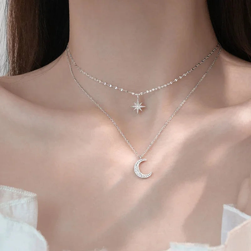 New Fashion Silver Color Double Layer Star Moon Necklace for Women Charm Delicate Zircon Stainless Steel Choker Chain Jewelry