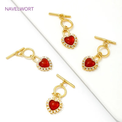 18K Gold Plated With Heart Red Zircon Toggle Clasps OT Clasps Jewelry Connectors  For DIY Bracelet Necklace Making Accessories