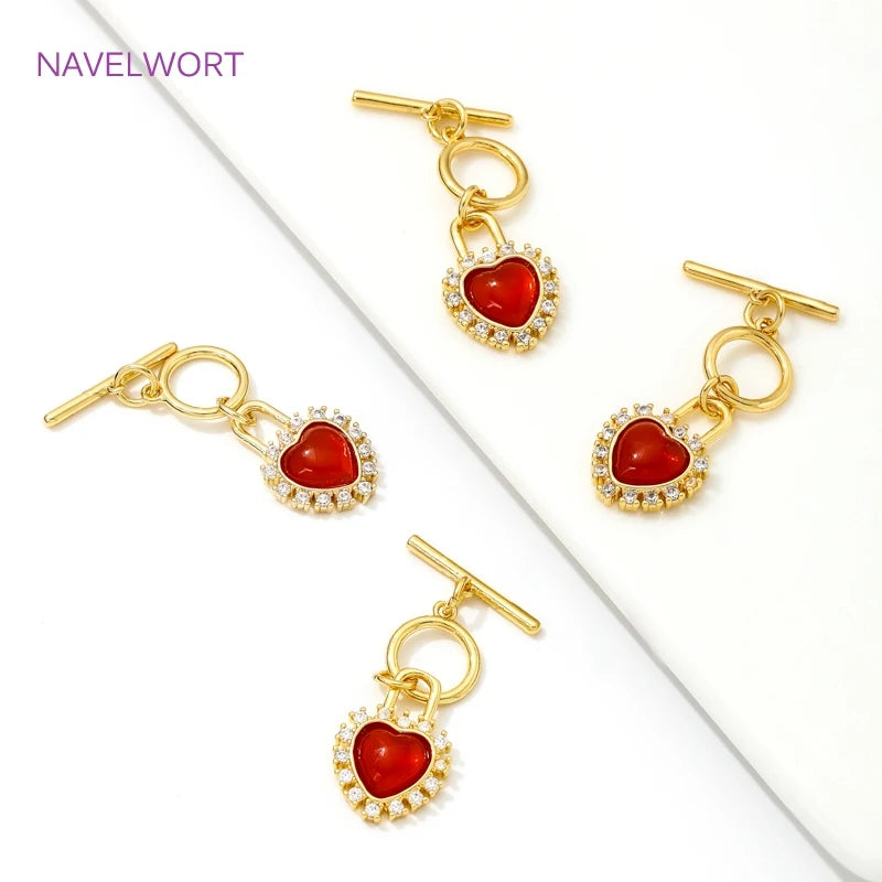 18K Gold Plated With Heart Red Zircon Toggle Clasps OT Clasps Jewelry Connectors  For DIY Bracelet Necklace Making Accessories