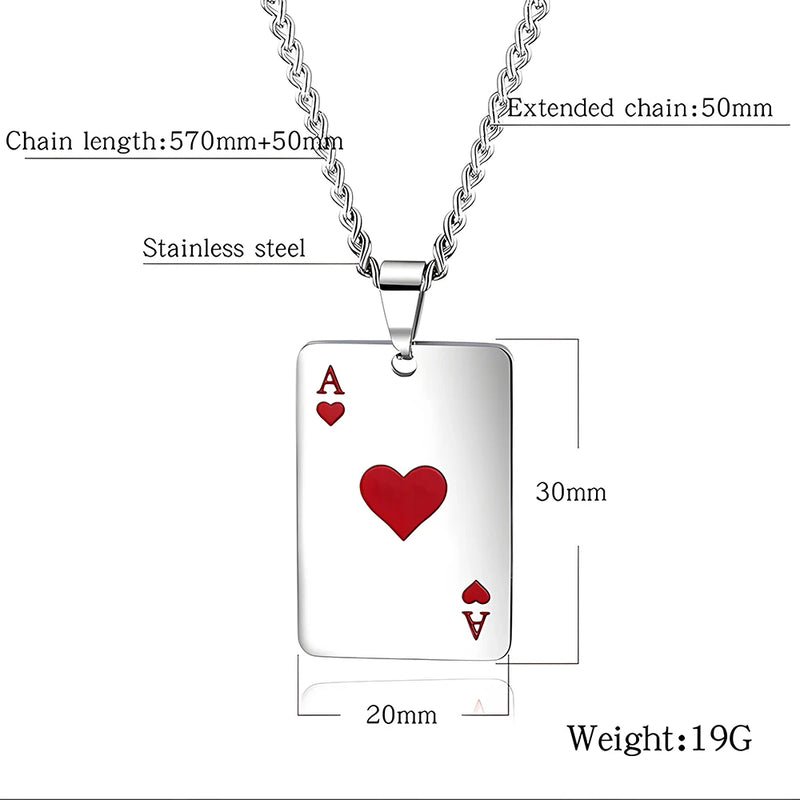 New Hip Hop Stainless Steel Poker Card Ace of Spades Necklace For Women Men Pendant Chain Playing Cards Jewelry Ace of Hearts